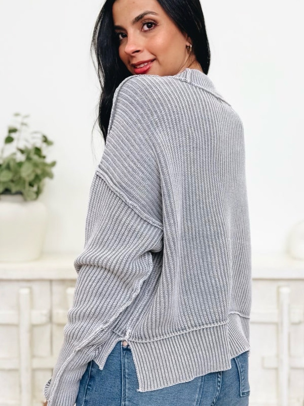 Zenana Outfitters Ribbed Crewneck Sweater - Light Gray - Picture 3 of 12